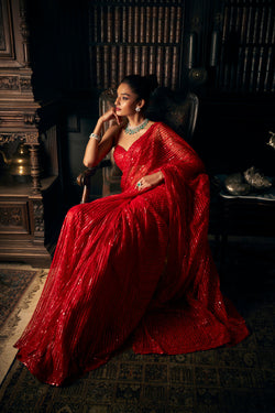 Red Sequin Net Saree