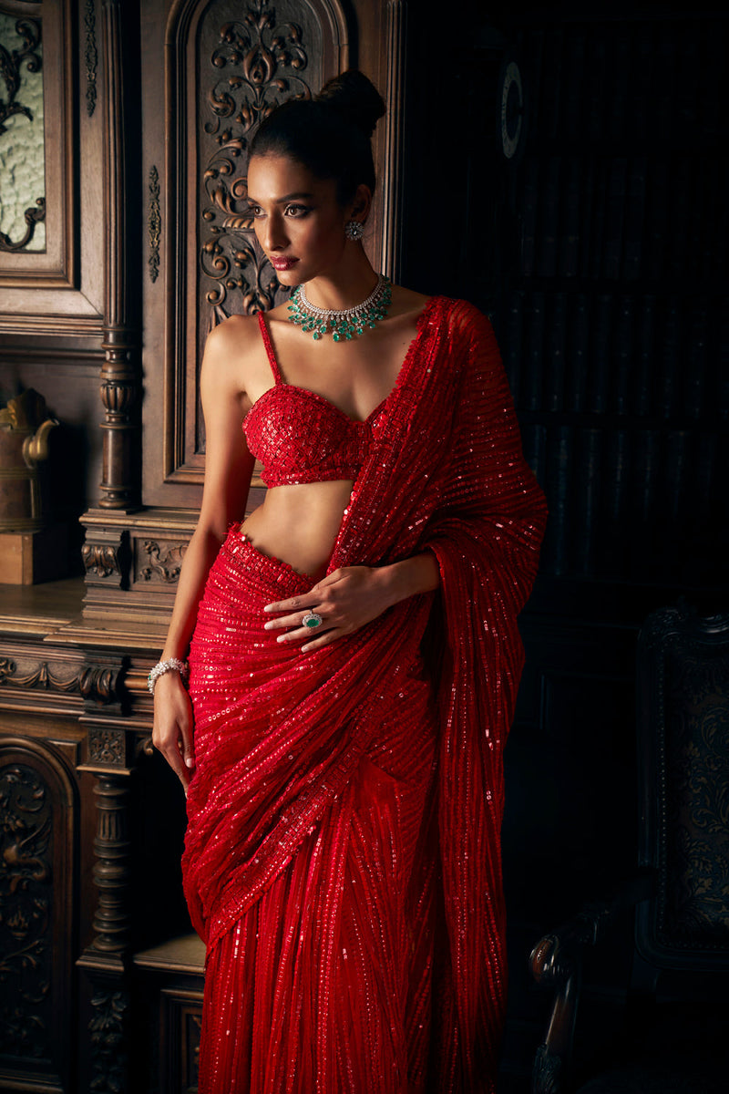 Red Sequin Net Saree