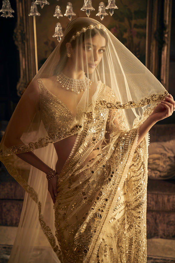 Cream Gold Mirror Work Saree