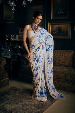 Ivory & Blue Sequin Saree