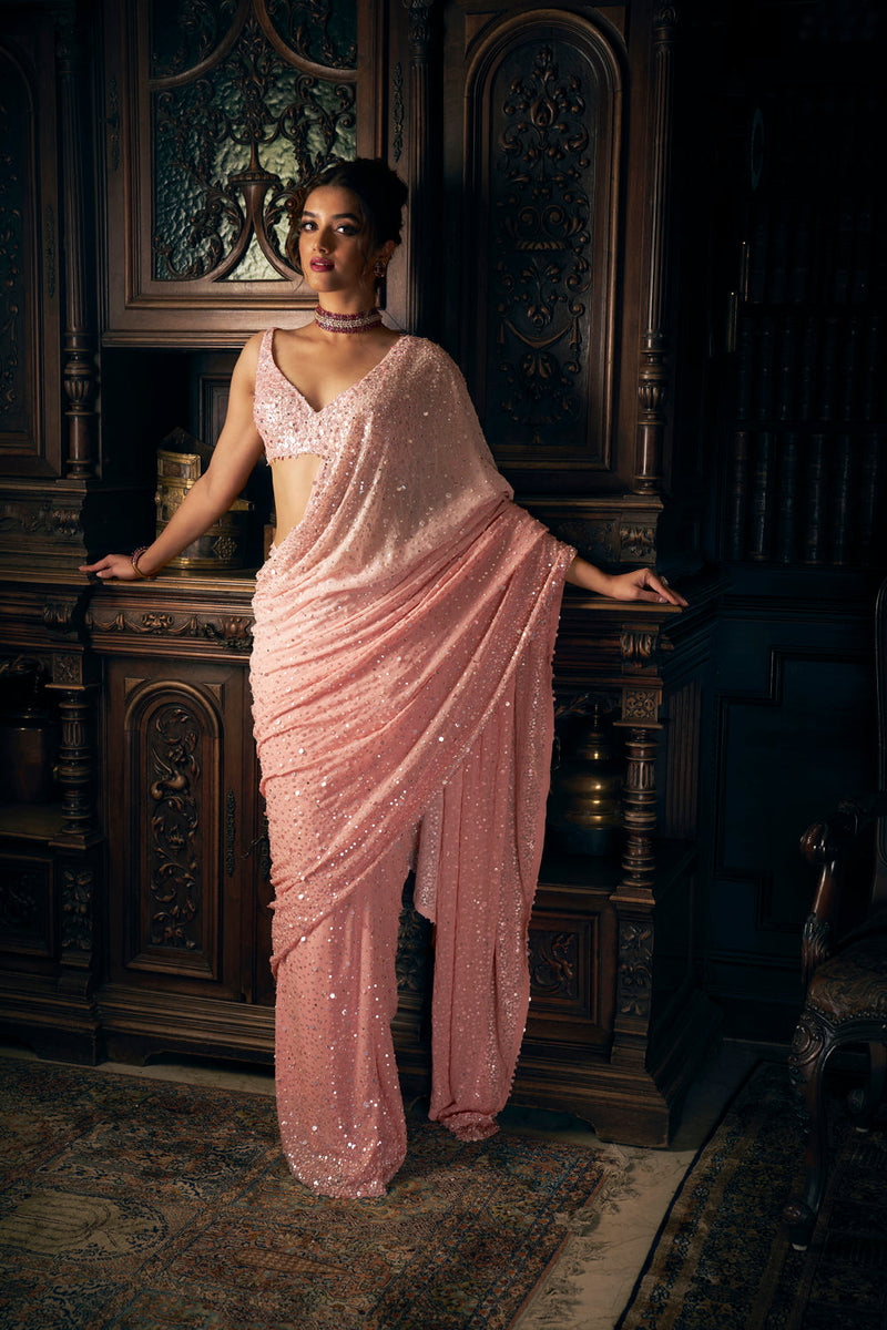 Pink Sequin Georgette Saree Set