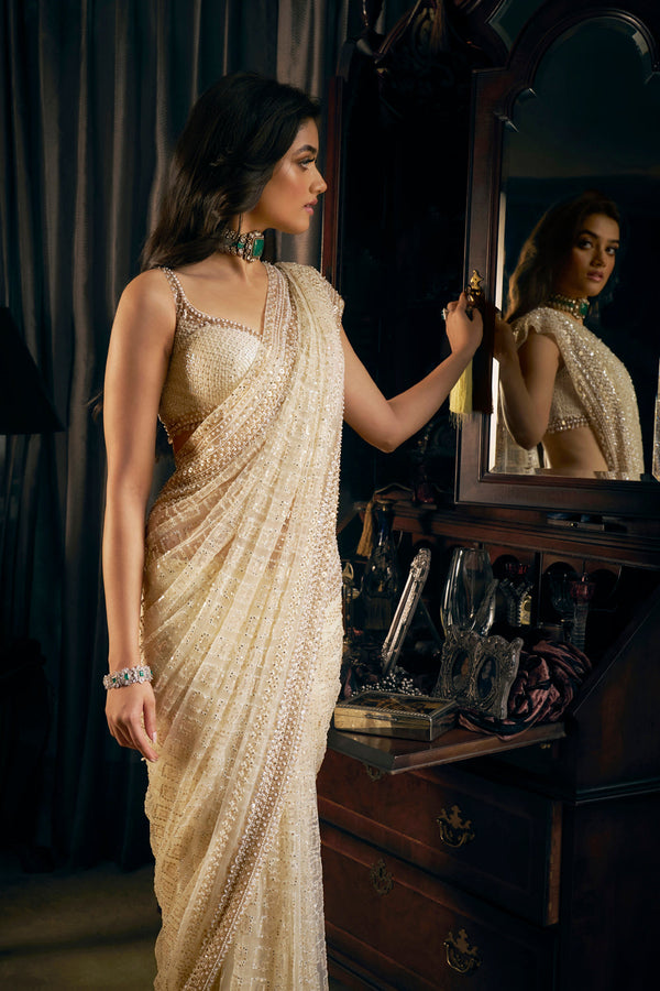 Ivory Gold Net Saree