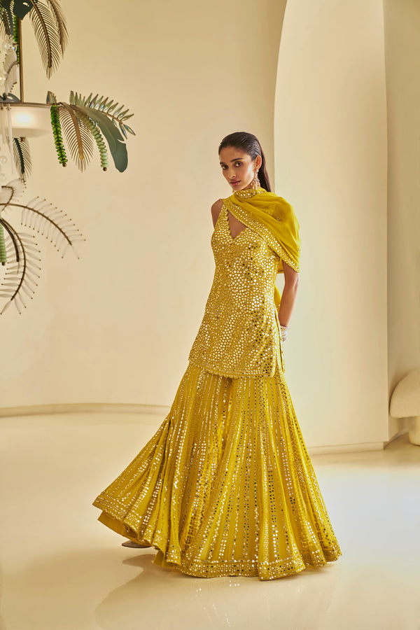 Yellow Mirror Work Sharara Set