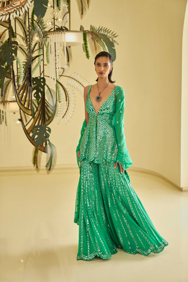 Green Mirror Work Sharara Set