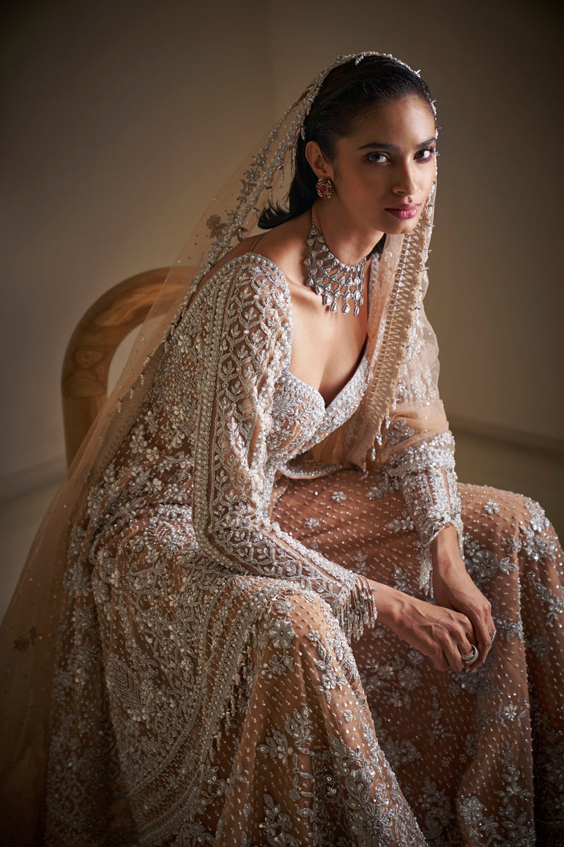 Nude Silver Jacket Sharara Set