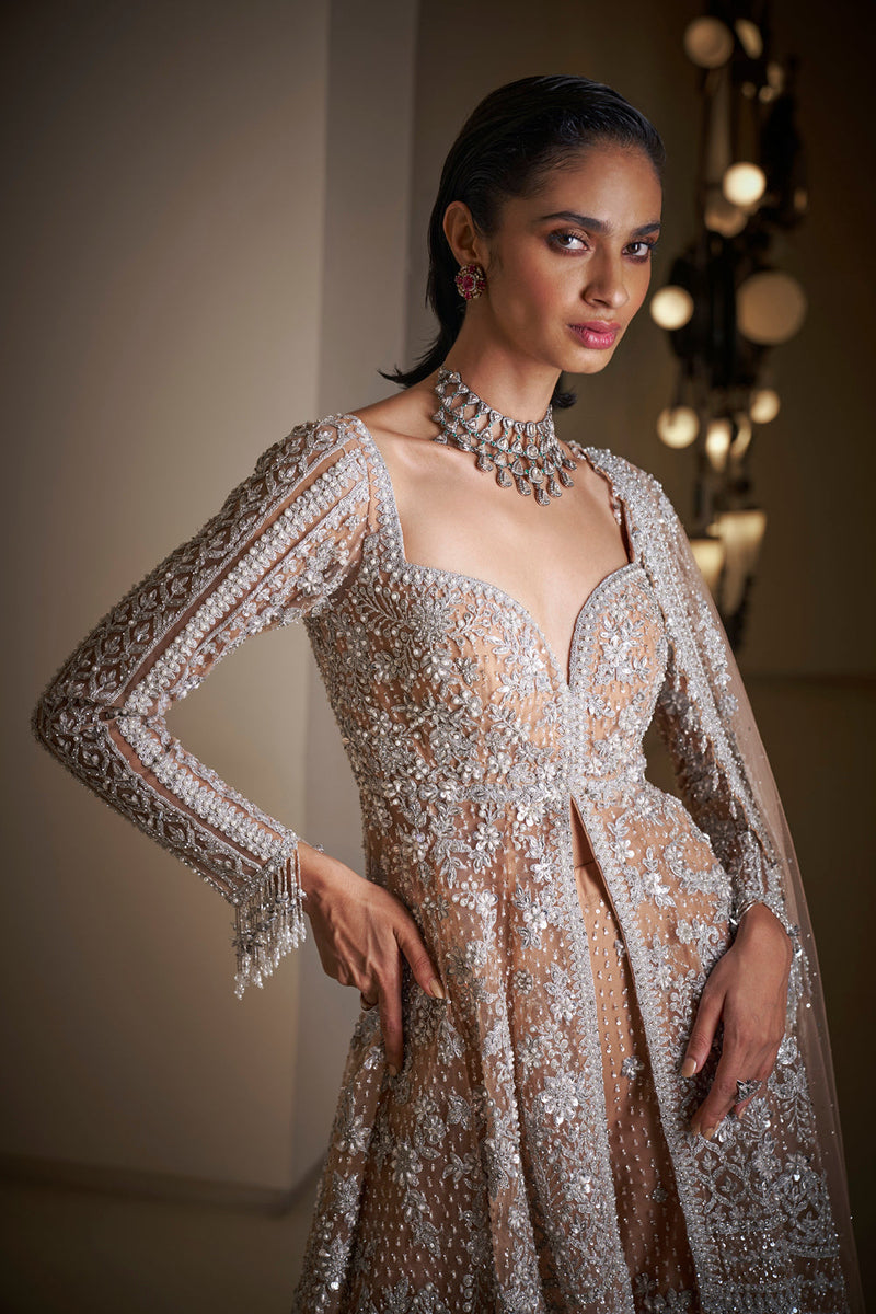 Nude Silver Jacket Sharara Set