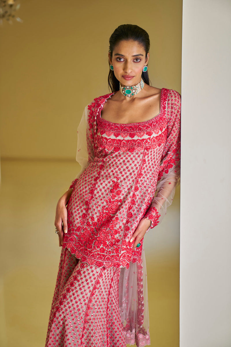 Red Thread Work Sharara Set