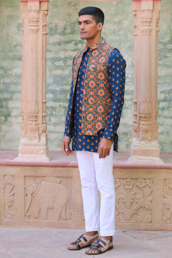 Cobalt Blue Print Kurta With Pant Pajama And Waist Coat