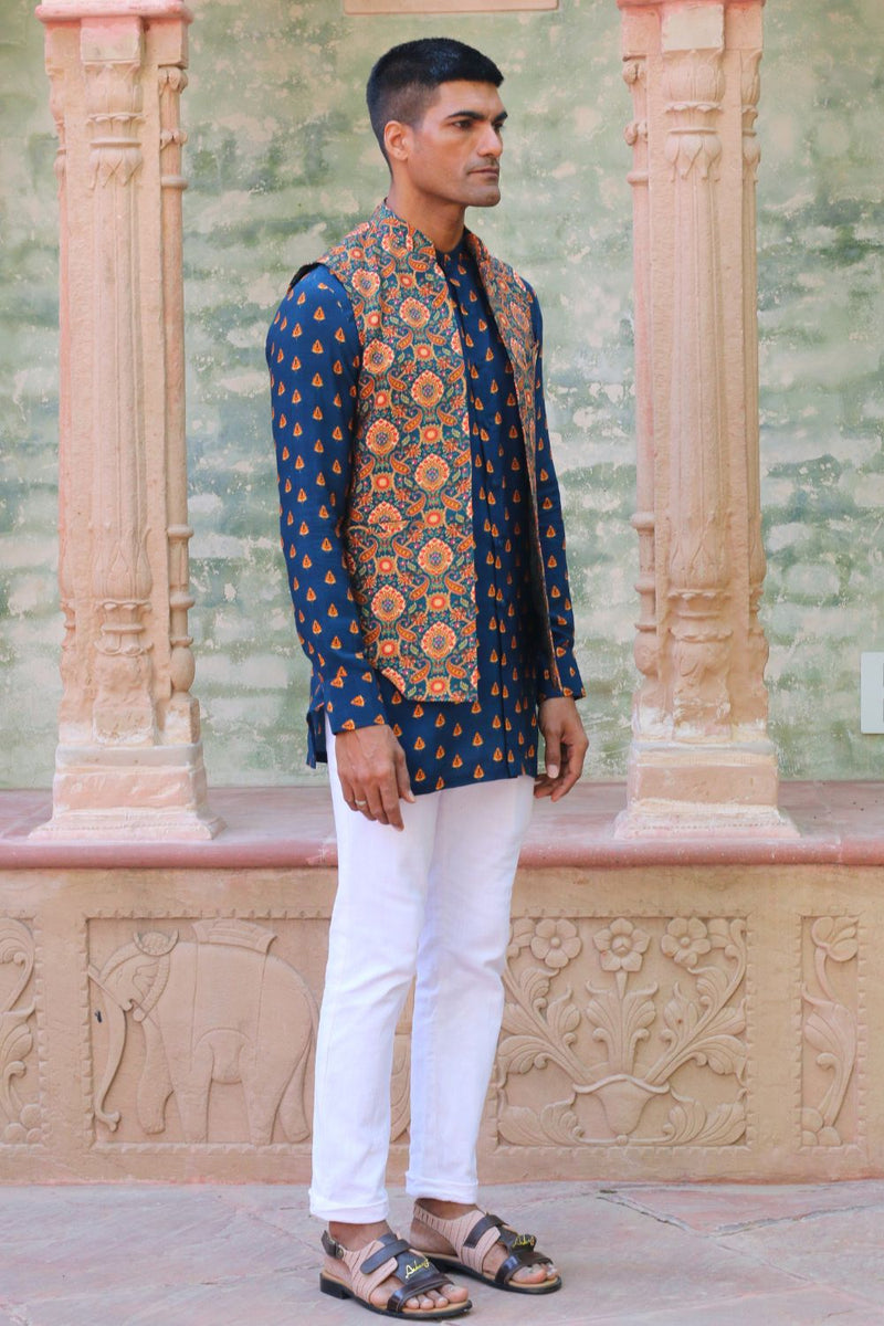 Cobalt Blue Print Kurta With Pant Pajama And Waist Coat