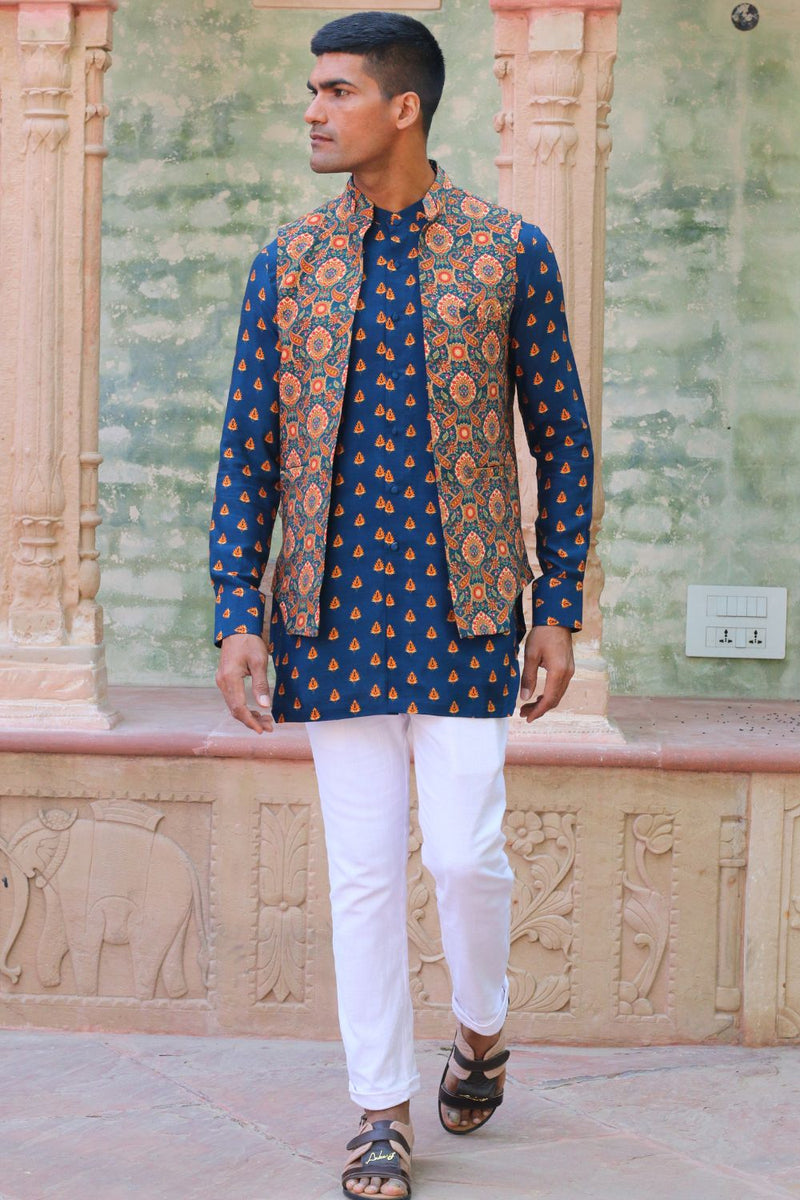 Cobalt Blue Print Kurta With Pant Pajama And Waist Coat