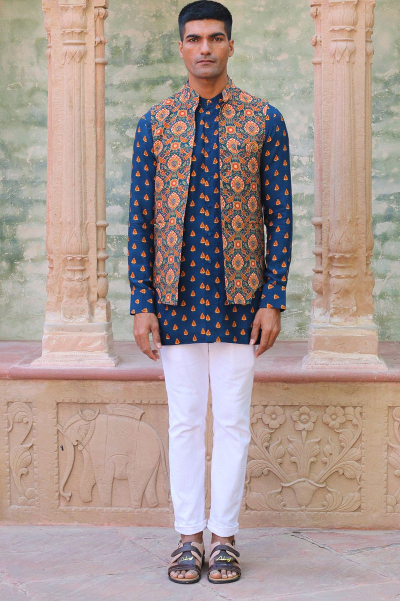 Cobalt Blue Print Kurta With Pant Pajama And Waist Coat