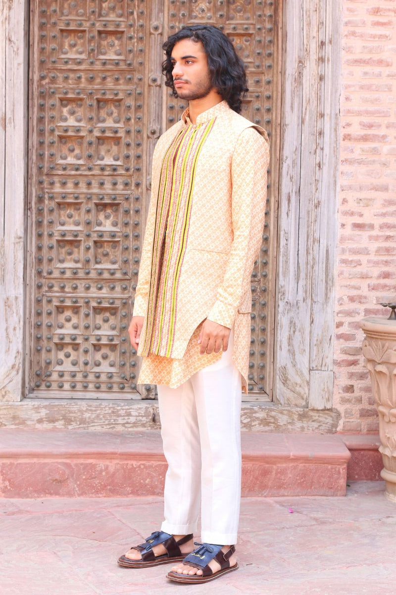 Pale Peach Print Kurta , With Pant Pajama And Waistcoat