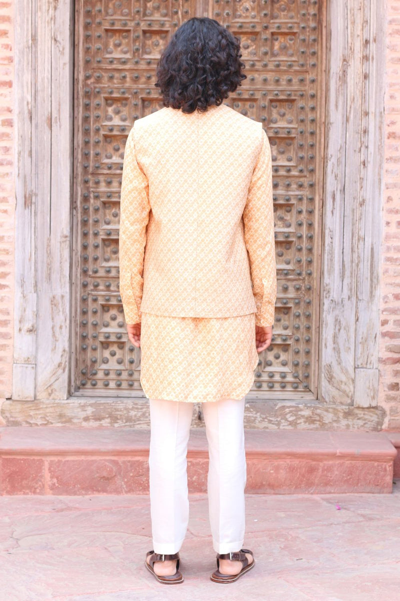 Pale Peach Print Kurta , With Pant Pajama And Waistcoat