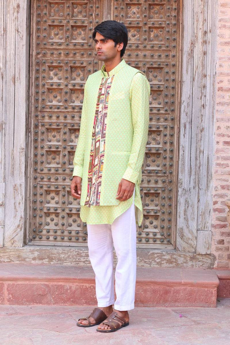 Paradise Green Print Kurta With Pant Pajama And Waistcoat