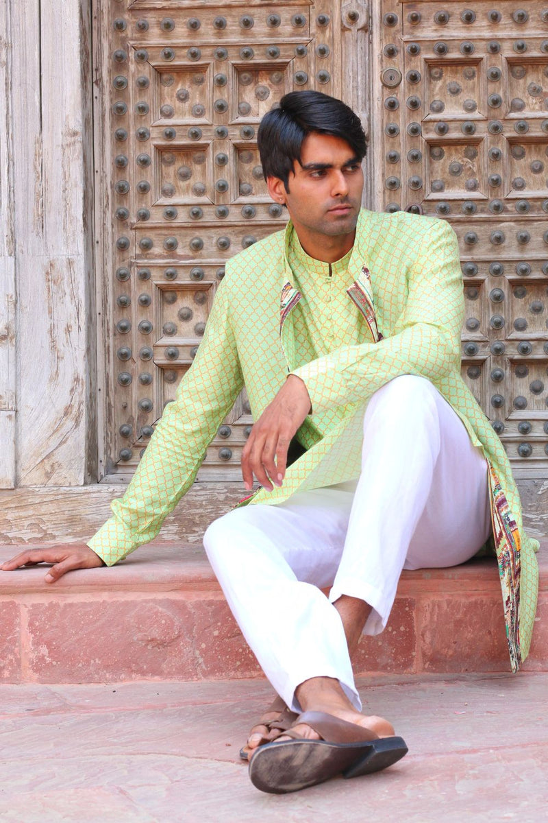 Paradise Green Print Kurta With Pant Pajama And Waistcoat