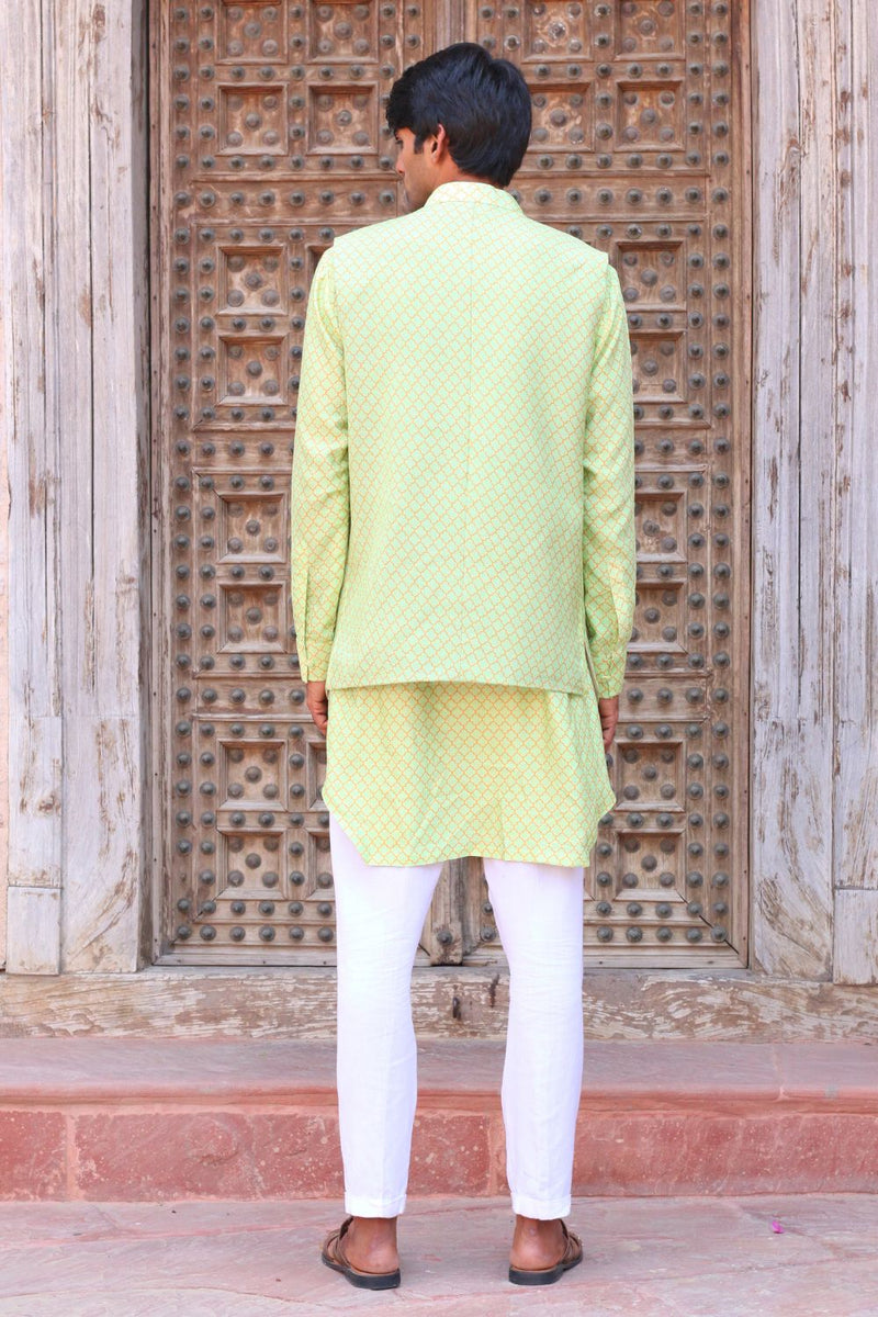 Paradise Green Print Kurta With Pant Pajama And Waistcoat