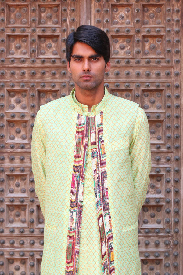 Paradise Green Print Kurta With Pant Pajama And Waistcoat