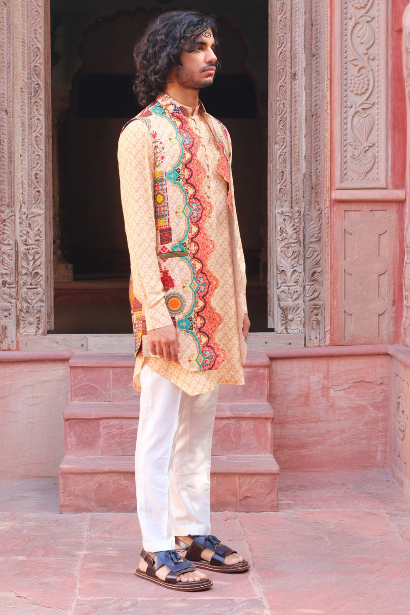 Peach Fuzz Print Kurta With Pant Pajama And Waistcoat