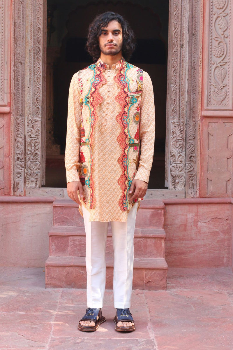 Peach Fuzz Print Kurta With Pant Pajama And Waistcoat