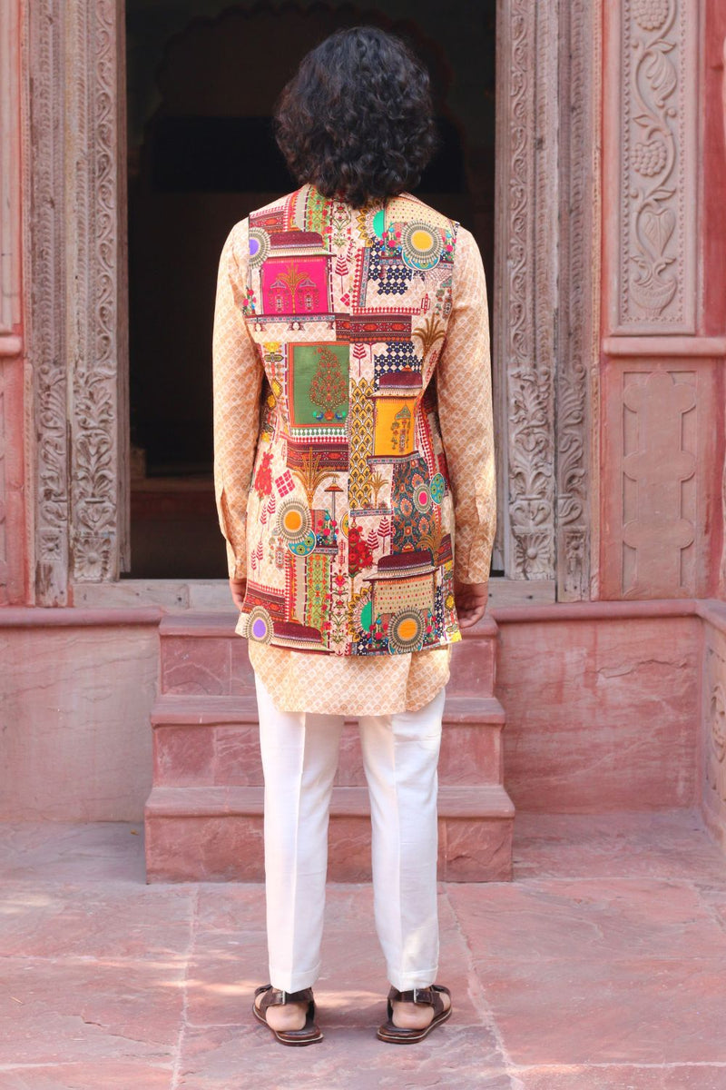 Peach Fuzz Print Kurta With Pant Pajama And Waistcoat