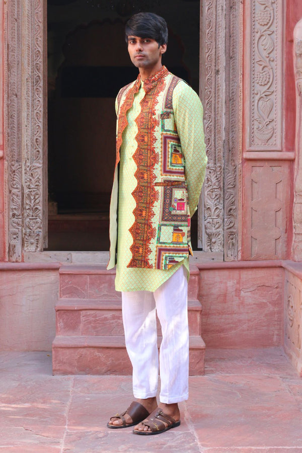 Tea Green Print Kurta , With Pant Pajama And Waistcoat