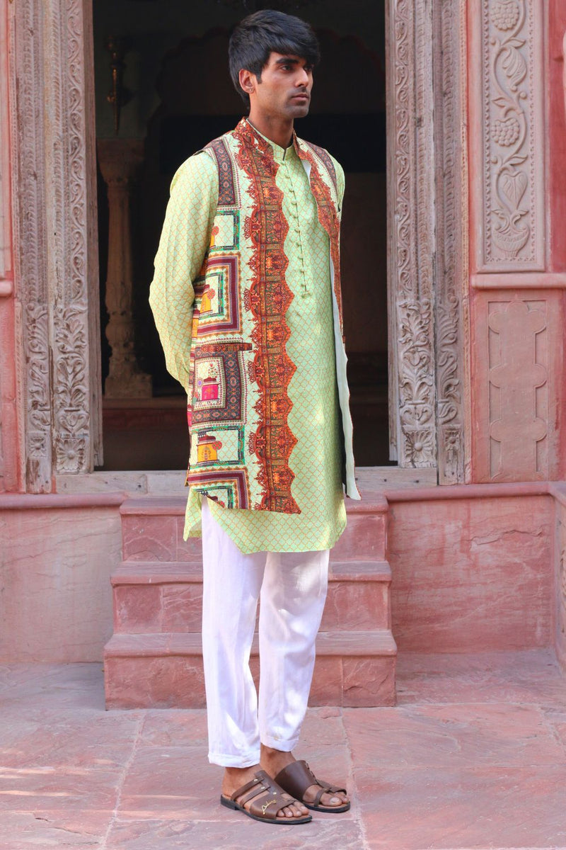 Tea Green Print Kurta , With Pant Pajama And Waistcoat