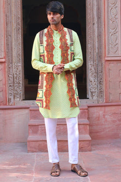 Tea Green Print Kurta , With Pant Pajama And Waistcoat