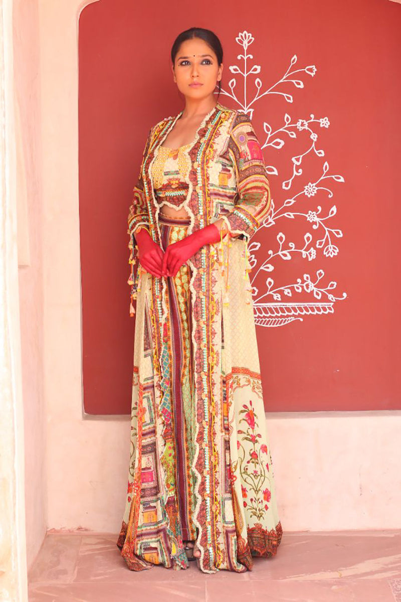 Charleston Cyan Colour Jacket With Embroidered Bodice With Plazo Pants