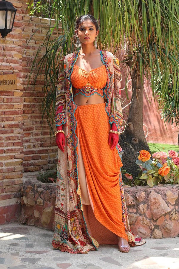 Signature Prints Embroidered Apricot Bustier And Drape Skirt With Overlay