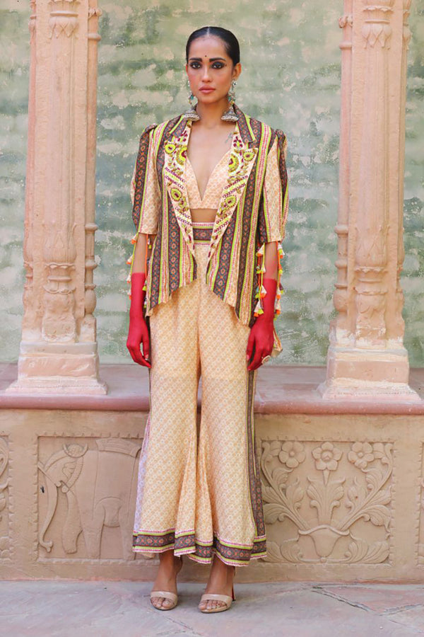 Alabaster Color Lapel Jacket With Bustier And Palazzo Pants