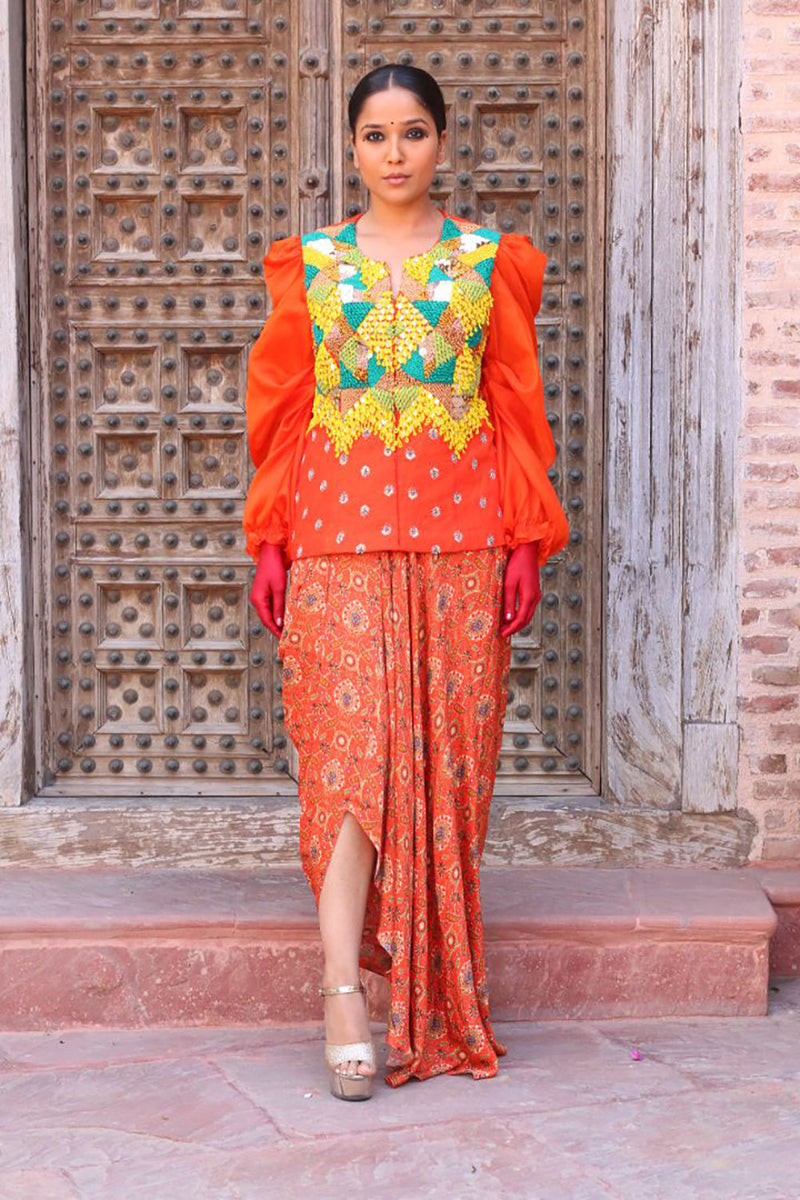 Tangerine Overlay Bodice With Drape Skirt