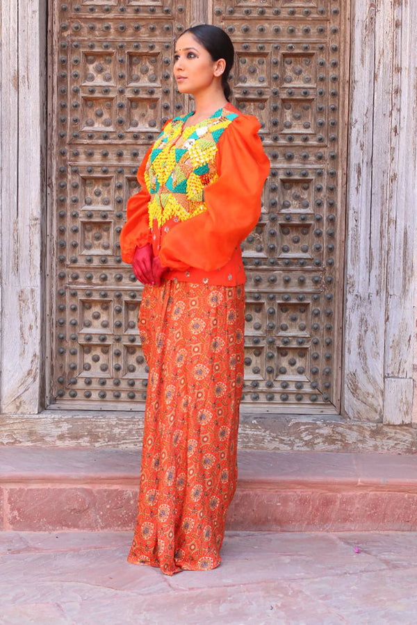 Tangerine Overlay Bodice With Drape Skirt