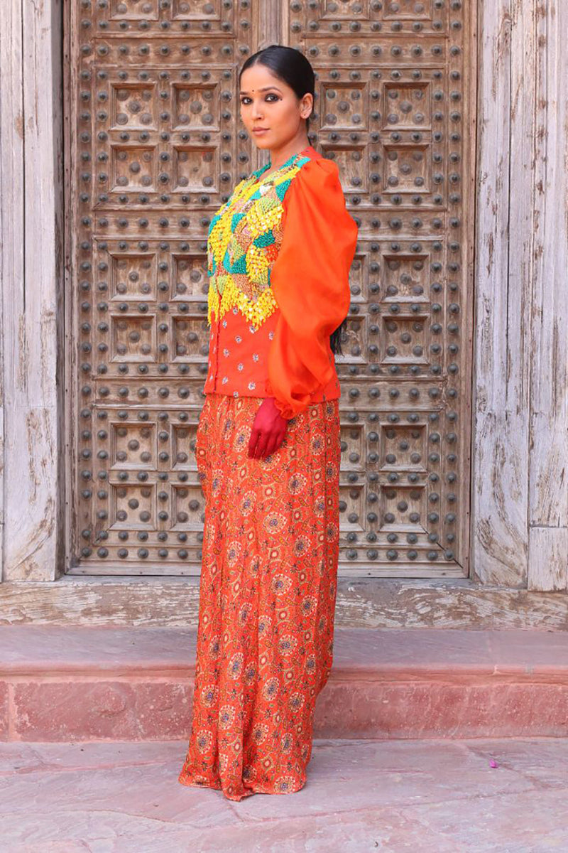 Tangerine Overlay Bodice With Drape Skirt