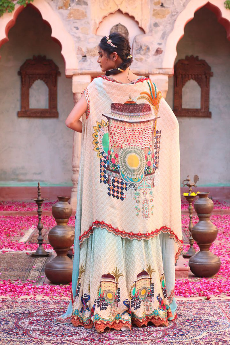 Blue Print Lehenga With Embroidered Bodice And Cape Dupatta