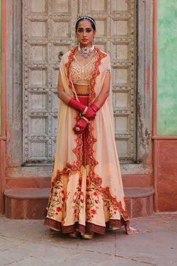 Crimson Red Lehenga With Embridered Bodice And Cape Dupatta