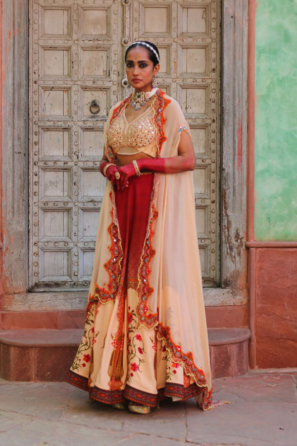 Crimson Red Lehenga With Embridered Bodice And Cape Dupatta