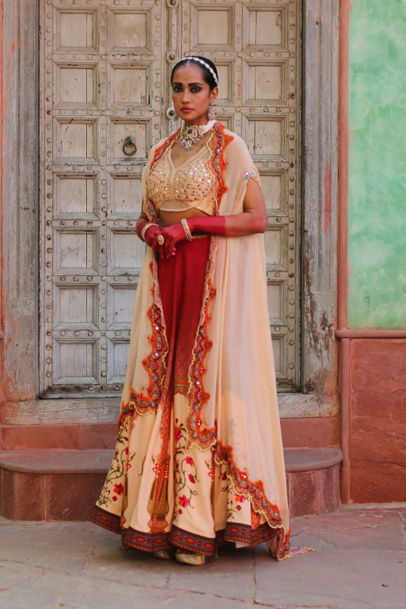 Crimson Red Lehenga With Embridered Bodice And Cape Dupatta