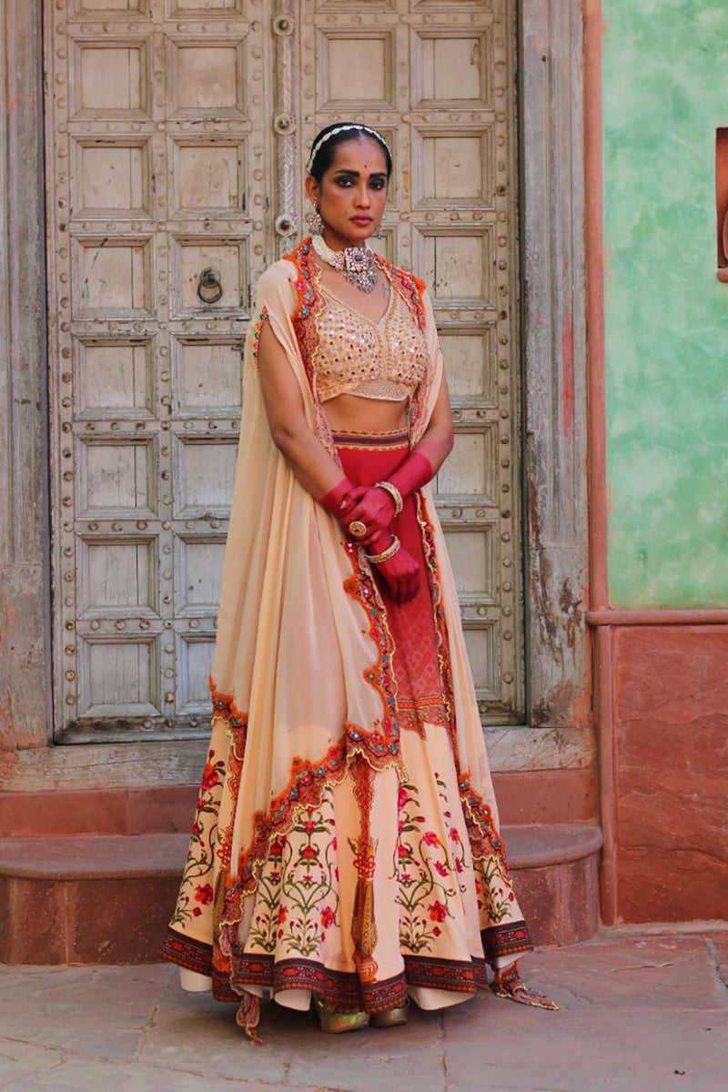 Crimson Red Lehenga With Embridered Bodice And Cape Dupatta