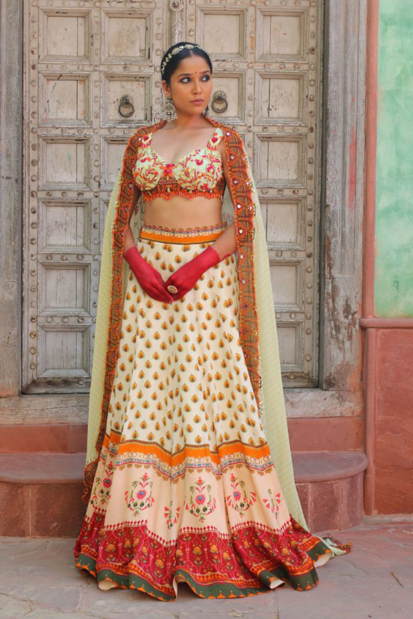 Signature Prints Lehenga , Embroidered Bustier And Dupatta