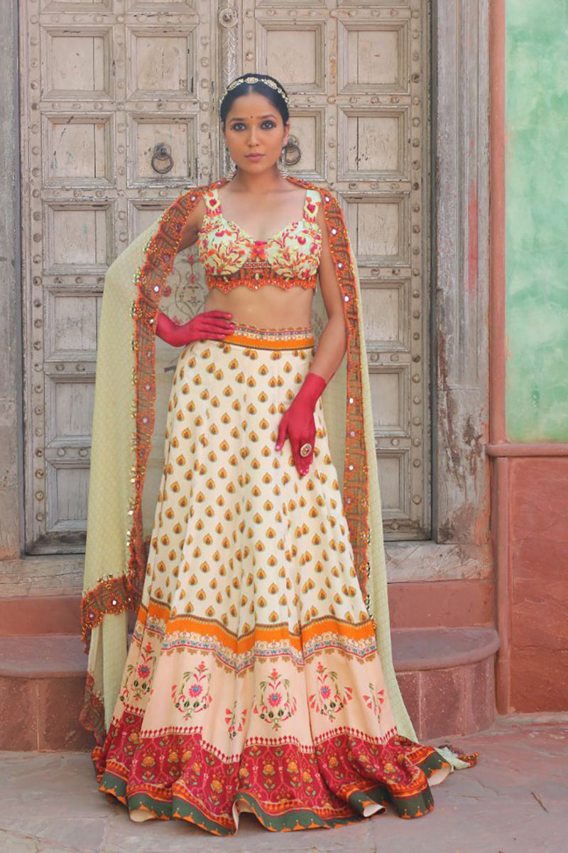 Signature Prints Lehenga , Embroidered Bustier And Dupatta