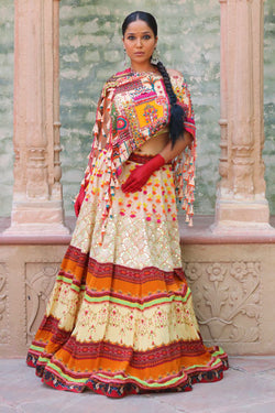 Signature Prints Lehenga , Embroidered Bustier And Cape