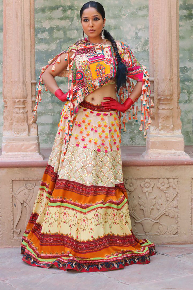 Signature Prints Lehenga , Embroidered Bustier And Cape