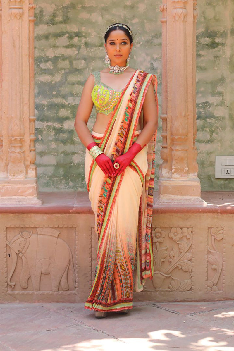 Dull Peach Drape Saree With Bodice