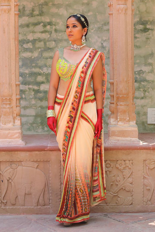 Dull Peach Drape Saree With Bodice