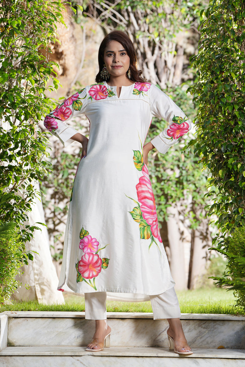 Ivory Boatneck Hand Painted Kurta Set