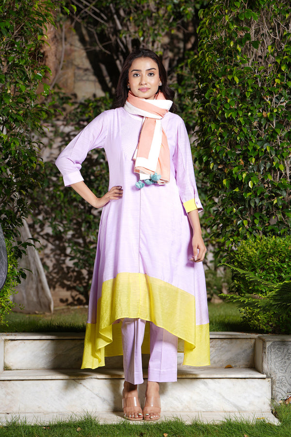 Lilac Round Neck Quilted A-Line Kurta Set