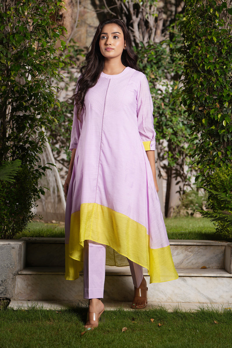 Lilac Round Neck Quilted A-Line Kurta Set