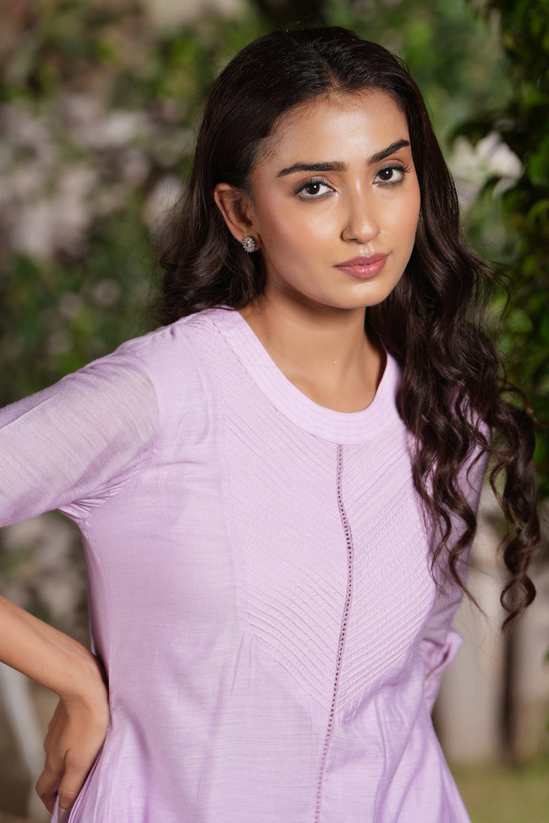 Lilac Round Neck Quilted A-Line Kurta Set