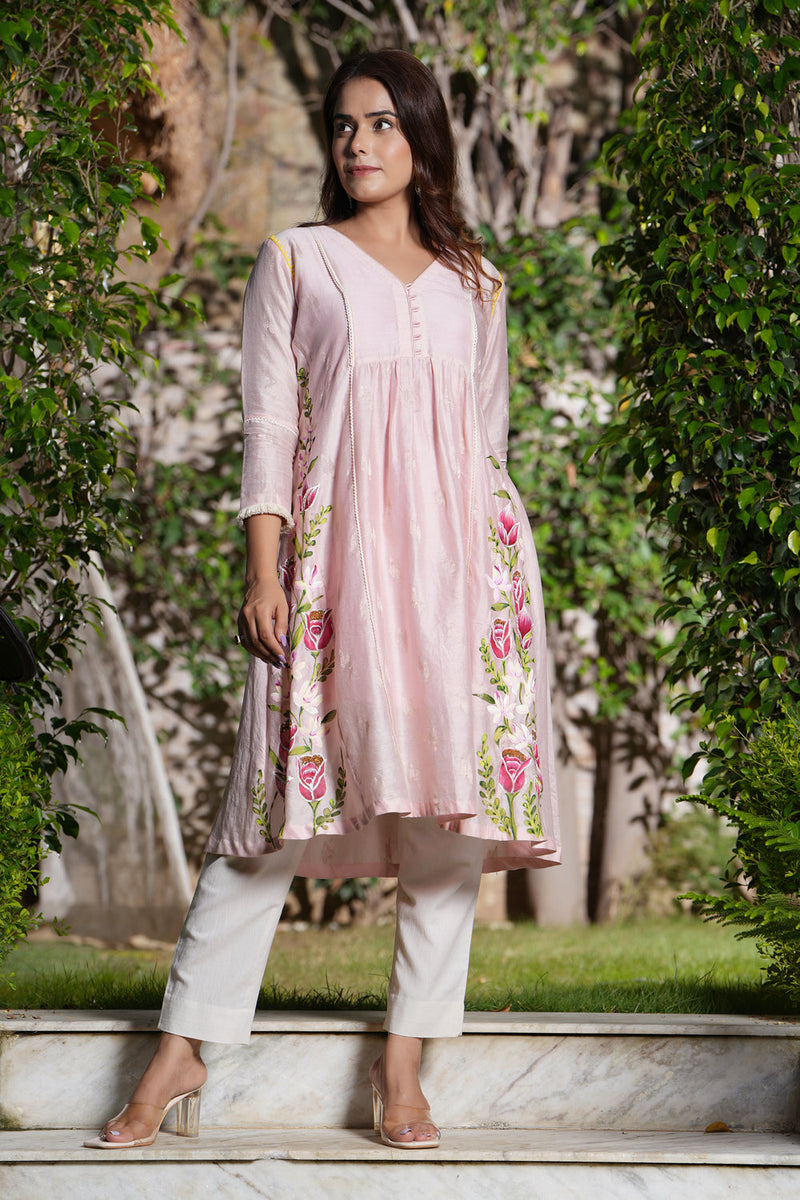 Peach Pink V Neck Hand Painted Kurta Set With Contrast Bottom