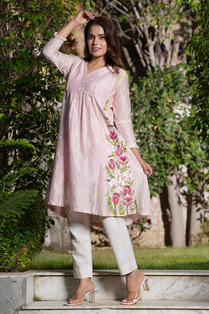 Peach Pink V Neck Hand Painted Kurta Set With Contrast Bottom